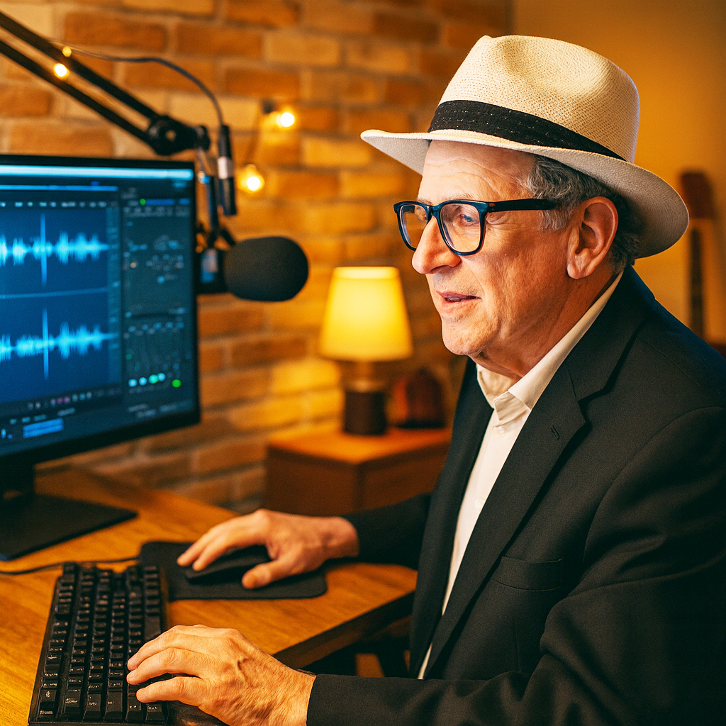 Bud Kraus at keyboard editing a podcast episode.